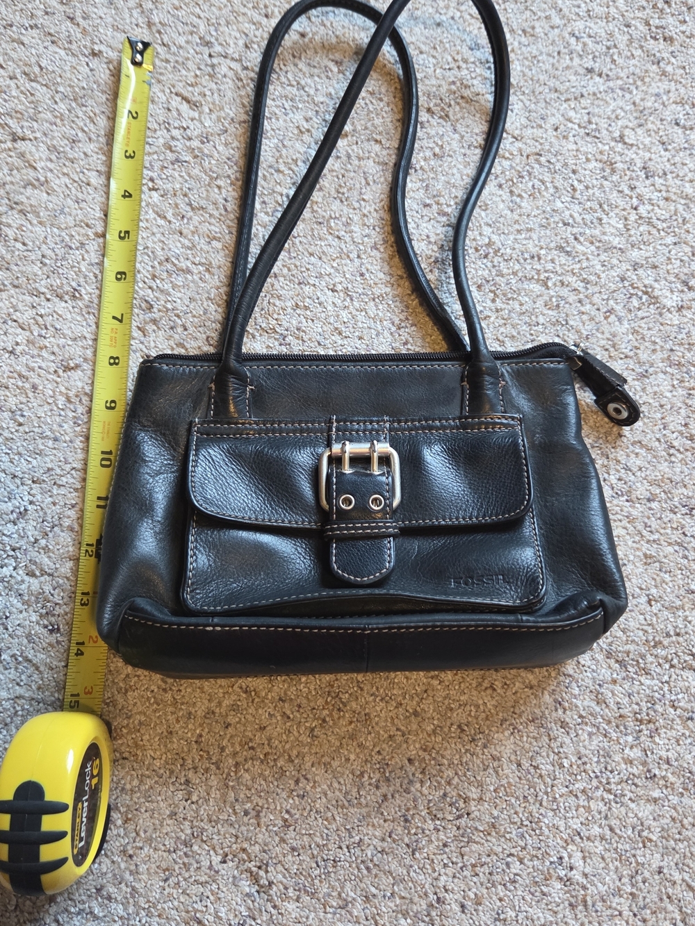 Fossil Black Leather Shoulder Bag with Front Buckle Pocket